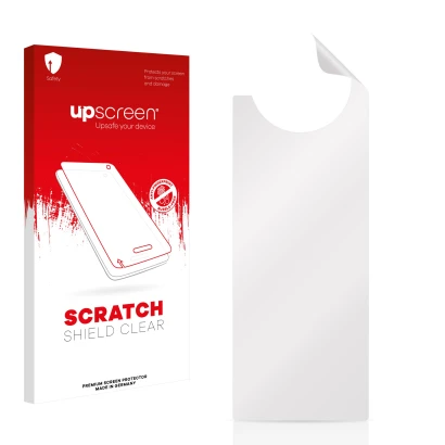 Parte frontal de un envase de producto con el logotipo de la marca upscreen. Al lado está el protector de pantalla correspondi