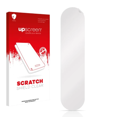 Parte frontal de un envase de producto con el logotipo de la marca upscreen. Al lado está el protector de pantalla correspondi
