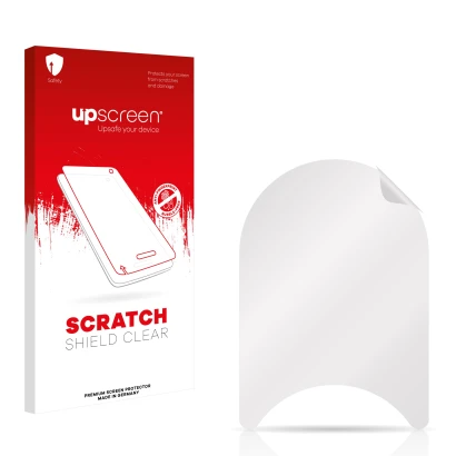 Parte frontal de un envase de producto con el logotipo de la marca upscreen. Al lado está el protector de pantalla correspondi