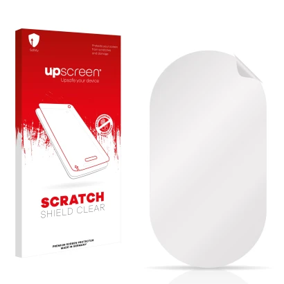 Parte frontal de un envase de producto con el logotipo de la marca upscreen. Al lado está el protector de pantalla correspondi