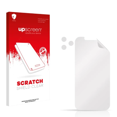 Parte frontal de un envase de producto con el logotipo de la marca upscreen. Al lado está el protector de pantalla correspondi