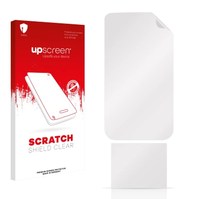 Parte frontal de un envase de producto con el logotipo de la marca upscreen. Al lado está el protector de pantalla correspondi