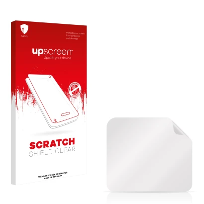 Parte frontal de un envase de producto con el logotipo de la marca upscreen. Al lado está el protector de pantalla correspondi
