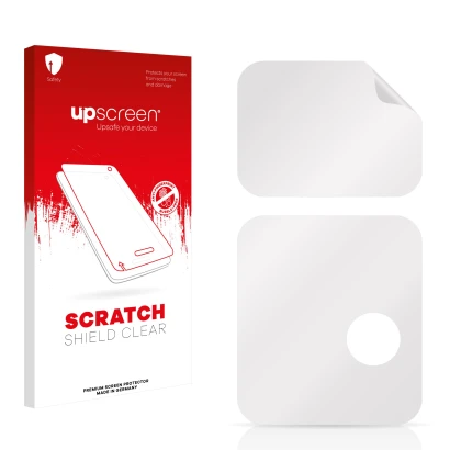 Parte frontal de un envase de producto con el logotipo de la marca upscreen. Al lado está el protector de pantalla correspondi
