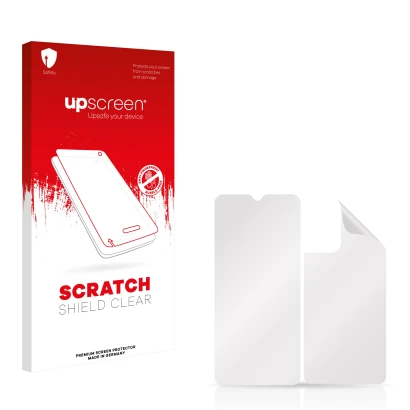 Parte frontal de un envase de producto con el logotipo de la marca upscreen. Al lado está el protector de pantalla correspondi