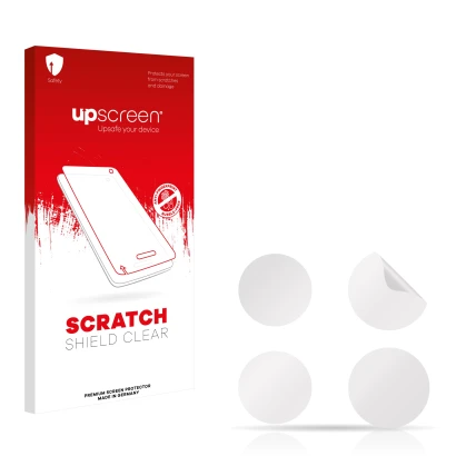 Parte frontal de un envase de producto con el logotipo de la marca upscreen. Al lado está el protector de pantalla correspondi