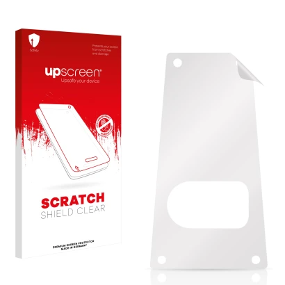 Parte frontal de un envase de producto con el logotipo de la marca upscreen. Al lado está el protector de pantalla correspondi