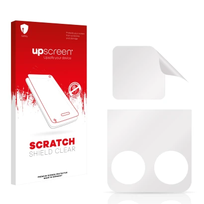 Parte frontal de un envase de producto con el logotipo de la marca upscreen. Al lado está el protector de pantalla correspondi