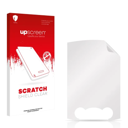 Parte frontal de un envase de producto con el logotipo de la marca upscreen. Al lado está el protector de pantalla correspondi