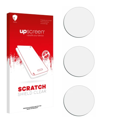 Parte frontal de un envase de producto con el logotipo de la marca upscreen. Al lado está el protector de pantalla correspondi