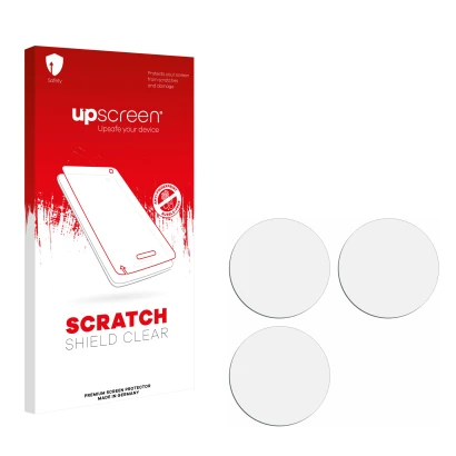 Parte frontal de un envase de producto con el logotipo de la marca upscreen. Al lado está el protector de pantalla correspondi