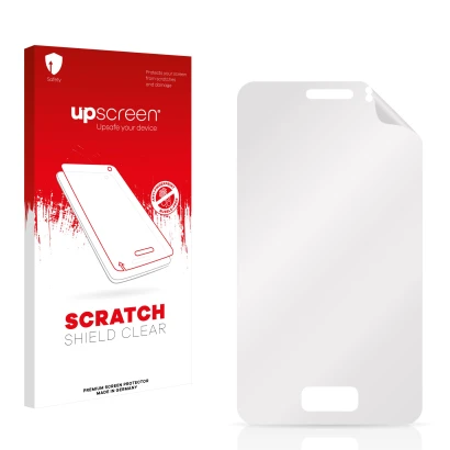 Parte frontal de un envase de producto con el logotipo de la marca upscreen. Al lado está el protector de pantalla correspondi