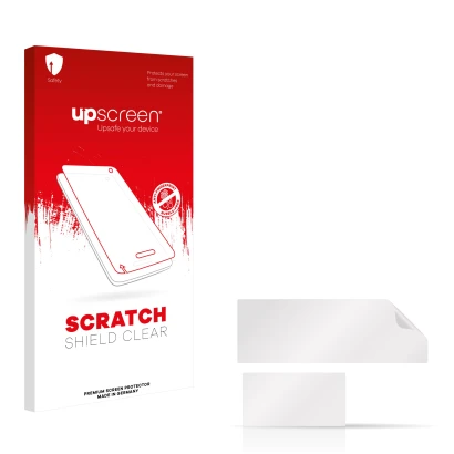 Parte frontal de un envase de producto con el logotipo de la marca upscreen. Al lado está el protector de pantalla correspondi