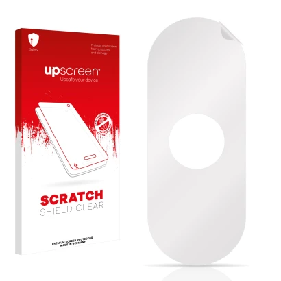 Parte frontal de un envase de producto con el logotipo de la marca upscreen. Al lado está el protector de pantalla correspondi