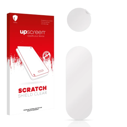 Parte frontal de un envase de producto con el logotipo de la marca upscreen. Al lado está el protector de pantalla correspondi