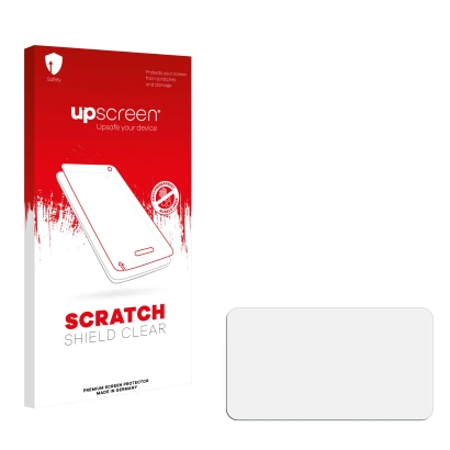 Parte frontal de un envase de producto con el logotipo de la marca upscreen. Al lado está el protector de pantalla correspondi