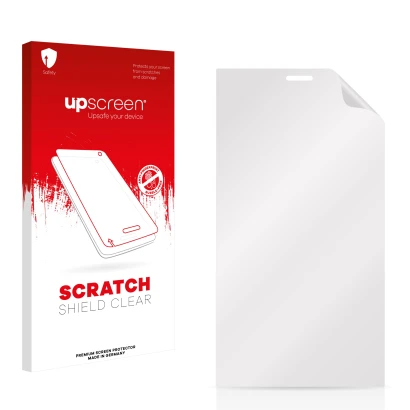Parte frontal de un envase de producto con el logotipo de la marca upscreen. Al lado está el protector de pantalla correspondi