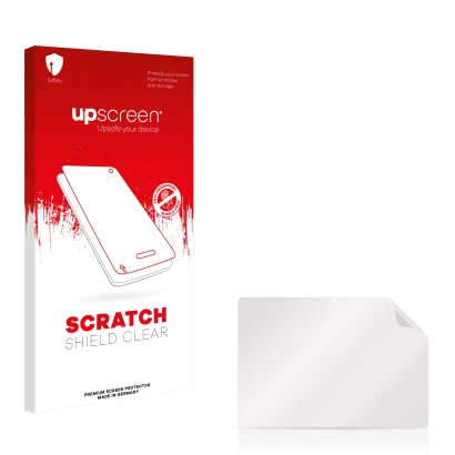 Parte frontal de un envase de producto con el logotipo de la marca upscreen. Al lado está el protector de pantalla correspondi