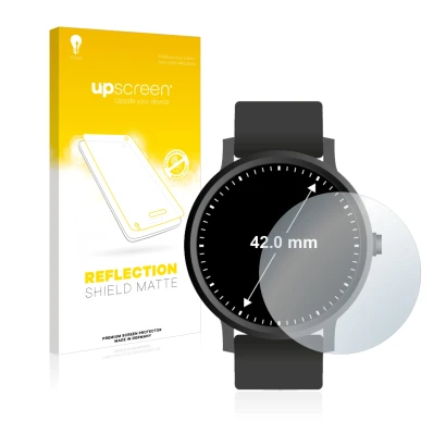 Parte frontal de un envase de producto con el logotipo de la marca upscreen. Al lado se muestra el dispositivo Relojes (Circul