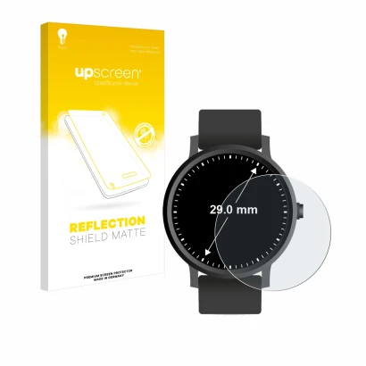 Parte frontal de un envase de producto con el logotipo de la marca upscreen. Al lado se muestra el dispositivo Relojes (Circul