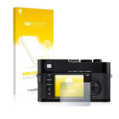 Parte frontal de un envase de producto con el logotipo de la marca upscreen. Al lado se muestra el dispositivo Leica M8 con su