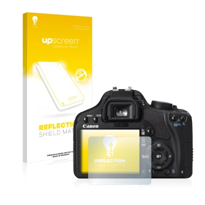 Parte frontal de un envase de producto con el logotipo de la marca upscreen. Al lado se muestra el dispositivo Canon EOS 450D