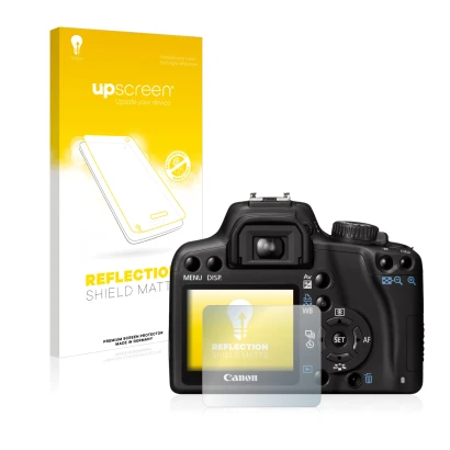 Parte frontal de un envase de producto con el logotipo de la marca upscreen. Al lado se muestra el dispositivo Canon EOS 1000D