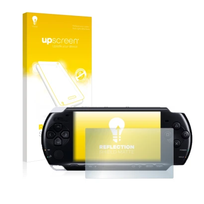 Parte frontal de un envase de producto con el logotipo de la marca upscreen. Al lado se muestra el dispositivo Sony PSP 3004 c