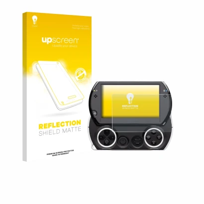 Parte frontal de un envase de producto con el logotipo de la marca upscreen. Al lado se muestra el dispositivo Sony PSP Go con