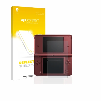 Parte frontal de un envase de producto con el logotipo de la marca upscreen. Al lado se muestra el dispositivo Nintendo DSi XL