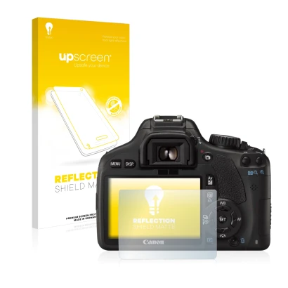 Parte frontal de un envase de producto con el logotipo de la marca upscreen. Al lado se muestra el dispositivo Canon EOS 550D
