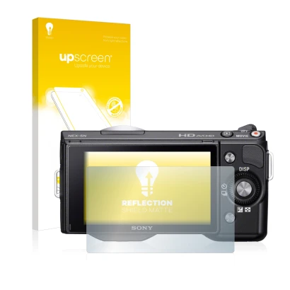 Parte frontal de un envase de producto con el logotipo de la marca upscreen. Al lado se muestra el dispositivo Sony Alpha NEX-