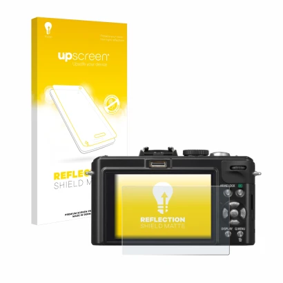 Parte frontal de un envase de producto con el logotipo de la marca upscreen. Al lado se muestra el dispositivo Panasonic Lumix