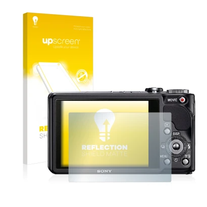 Parte frontal de un envase de producto con el logotipo de la marca upscreen. Al lado se muestra el dispositivo Sony Cyber-Shot