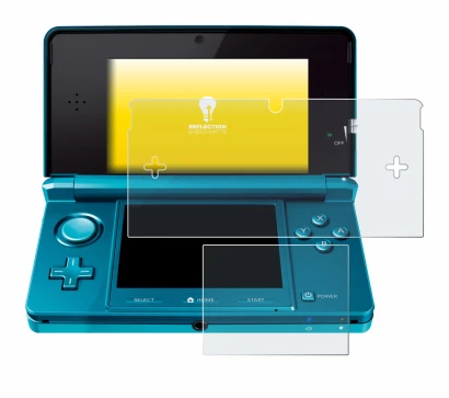 Imagen del dispositivo Nintendo 3DS con una amplia variedad de protectores de pantalla.