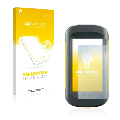 Parte frontal de un envase de producto con el logotipo de la marca upscreen. Al lado se muestra el dispositivo Garmin Montana