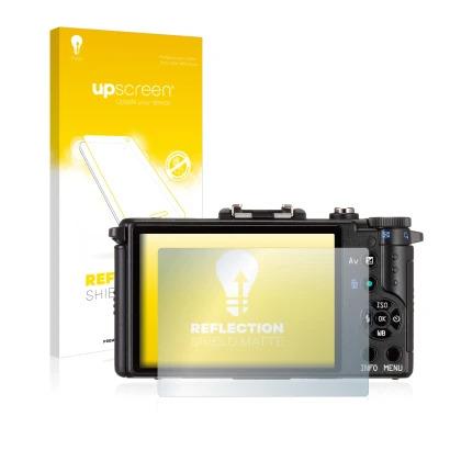 Parte frontal de un envase de producto con el logotipo de la marca upscreen. Al lado se muestra el dispositivo Pentax Q con su