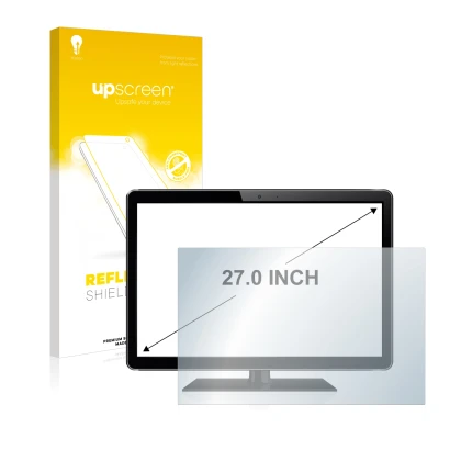 Parte frontal de un envase de producto con el logotipo de la marca upscreen. Al lado se muestra el dispositivo con su protecto