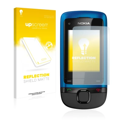 Parte frontal de un envase de producto con el logotipo de la marca upscreen. Al lado se muestra el dispositivo Nokia C2-05 con