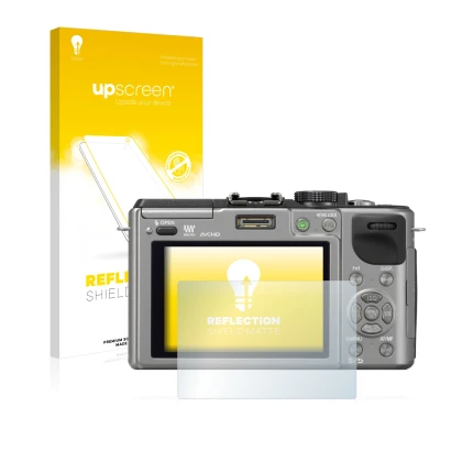 Parte frontal de un envase de producto con el logotipo de la marca upscreen. Al lado se muestra el dispositivo Panasonic Lumix