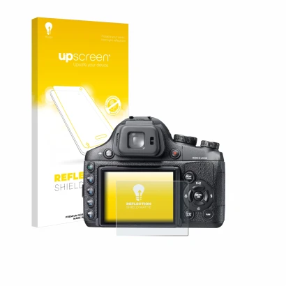 Parte frontal de un envase de producto con el logotipo de la marca upscreen. Al lado se muestra el dispositivo Fujifilm FinePi