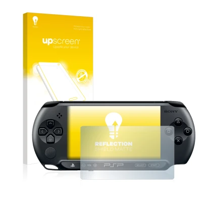Parte frontal de un envase de producto con el logotipo de la marca upscreen. Al lado se muestra el dispositivo Sony PSP 1004 c