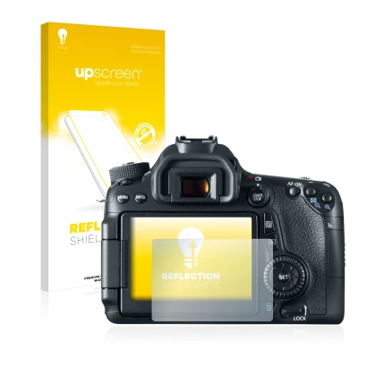 Parte frontal de un envase de producto con el logotipo de la marca upscreen. Al lado se muestra el dispositivo Canon EOS 70D c