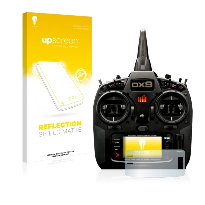 Parte frontal de un envase de producto con el logotipo de la marca upscreen. Al lado se muestra el dispositivo Spektrum DX9 co