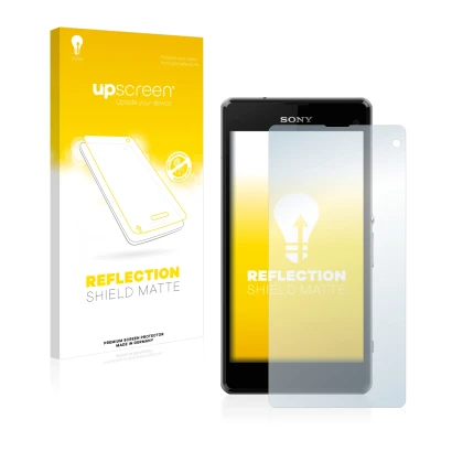 Parte frontal de un envase de producto con el logotipo de la marca upscreen. Al lado se muestra el dispositivo Sony Xperia Z1 