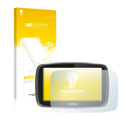 Parte frontal de un envase de producto con el logotipo de la marca upscreen. Al lado se muestra el dispositivo TomTom GO 5000 