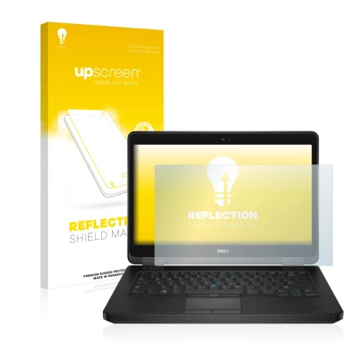 Parte frontal de un envase de producto con el logotipo de la marca upscreen. Al lado se muestra el dispositivo Dell Latitude 1