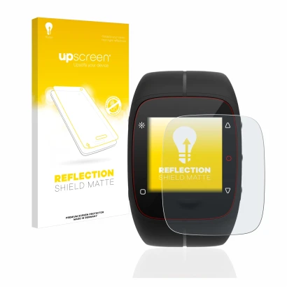 Parte frontal de un envase de producto con el logotipo de la marca upscreen. Al lado se muestra el dispositivo Polar M400 con 