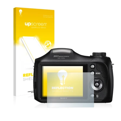 Parte frontal de un envase de producto con el logotipo de la marca upscreen. Al lado se muestra el dispositivo Sony Cyber-Shot