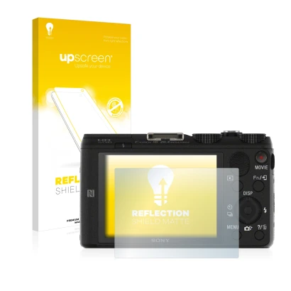 Parte frontal de un envase de producto con el logotipo de la marca upscreen. Al lado se muestra el dispositivo Sony Cyber-Shot